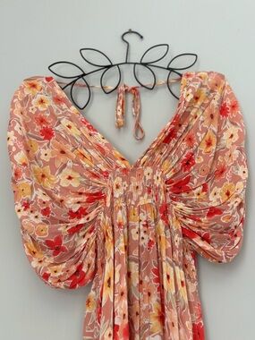 Lg Soft Tangerine Asters Batwing Sleeve Maxi Dress V-Neck, Yellow, Peach, Pink